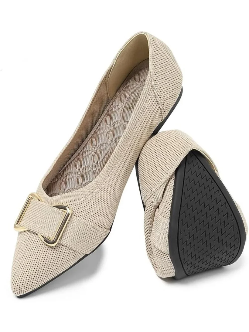 Women's Beige Arch Support Dress Pointed Toe Comfortable Knit Ballet Flat Shoes